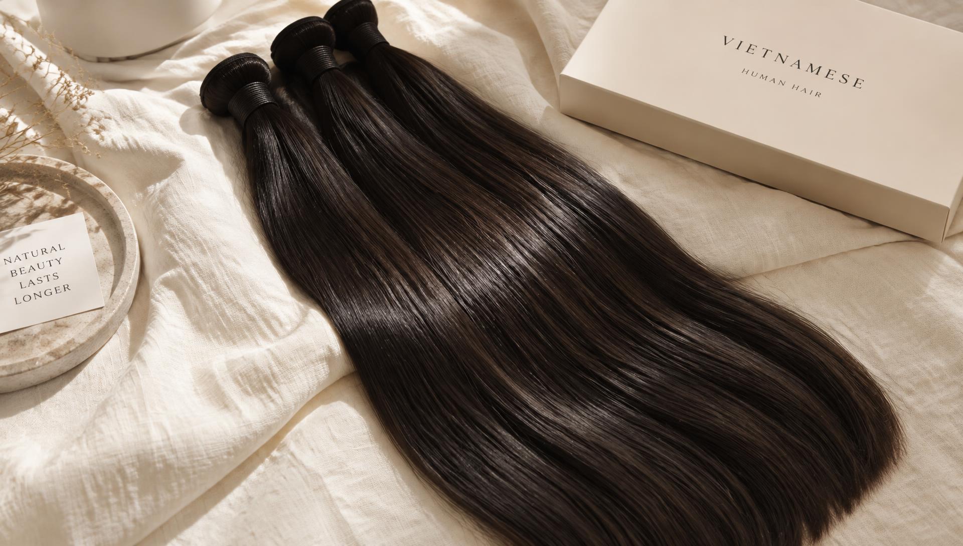 Raw Vietnamese straight hair bundles on ivory linen